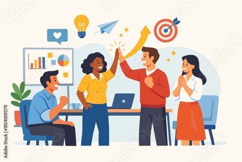 Teamwork success celebration in office setting