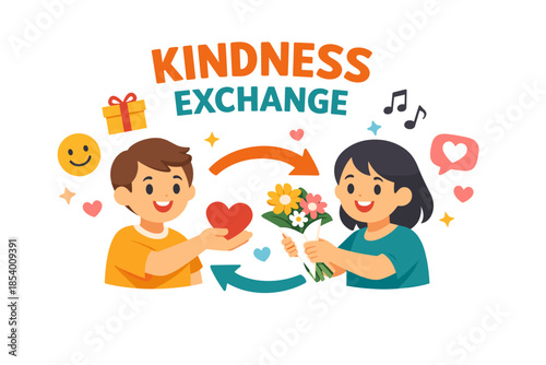 Kindness exchange concept with people sharing heart and flowers in flat style