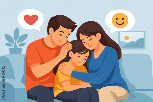 Heartwarming family bonding scene with parents comforting child in cozy living room setting