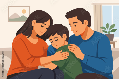 Family comfort and support scene with parents consoling child in warm living room atmosphere