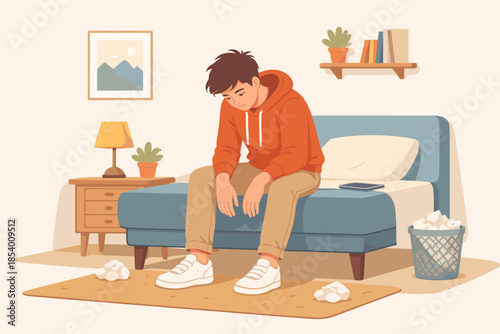 Young man in hoodie reflecting alone in cozy bedroom setting