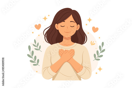 Peaceful woman meditating with heartfelt gratitude in tranquil setting