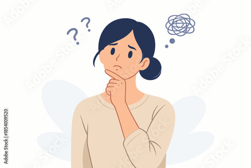 Pensive woman in flat design with question marks and thought bubble