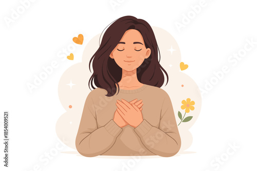 Peaceful woman practicing mindfulness with heart and nature elements