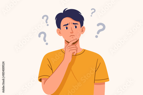 Confused young man with question marks pondering a decision in flat style