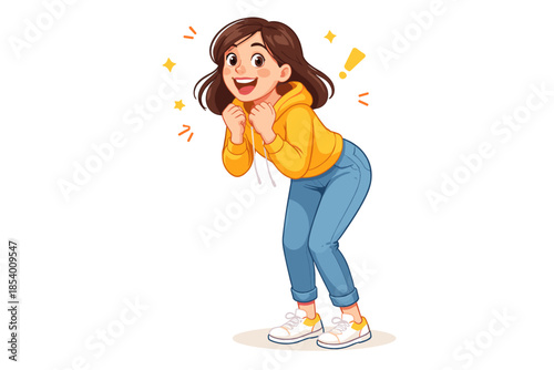 Excited young woman in casual outfit expressing joyful anticipation