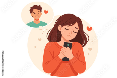 Young woman feeling sad while holding phone with dreamy thought bubble