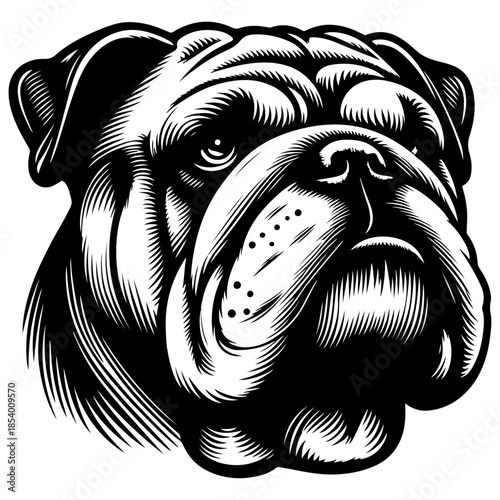Serious English Bulldog dog head in black and white illustration style