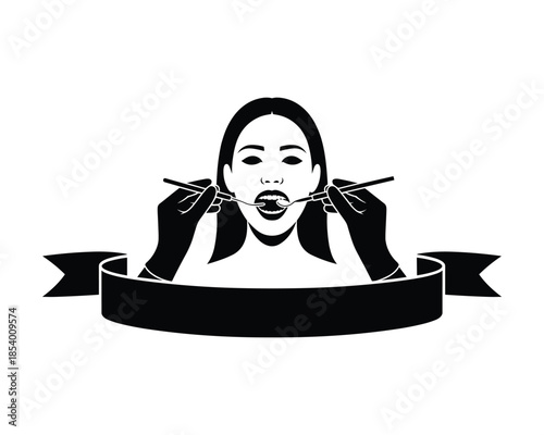 Woman with gagged mouth and bound hands in black and white