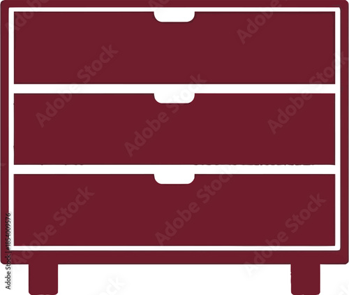 Minimalist design illustration of a three-drawer cabinet in maroon color against a white backdrop