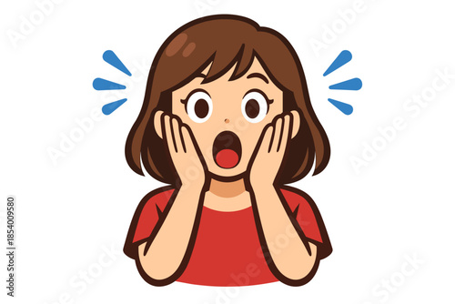 Cartoon woman with surprised expression and hands on face with blue exclamation marks