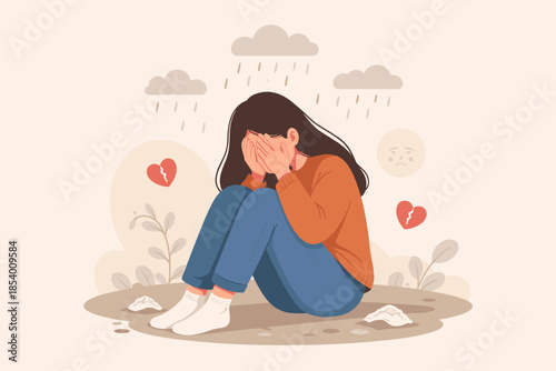 Sadness and heartache: flat design of a woman crying in nature scene