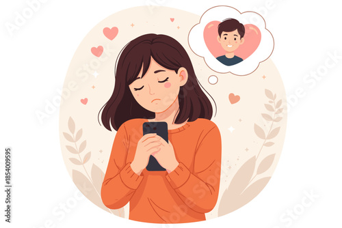 Young woman daydreaming about crush while holding smartphone in heartfelt moment