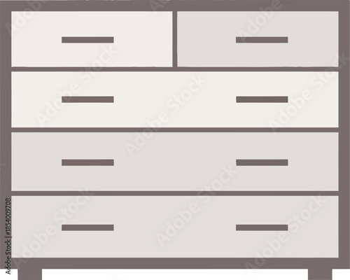 Simple flat design illustration of a grey chest of drawers with multiple storage compartments