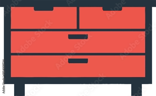 Simple illustration of a modern bedroom dresser with orange drawers and dark frame