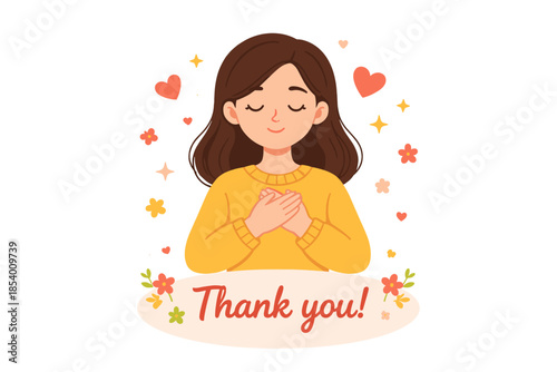 Grateful woman with thank you message in cute cartoon style surrounded by hearts and flowers