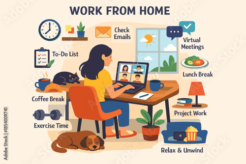 Remote work routine with home office and virtual meetings in flat design