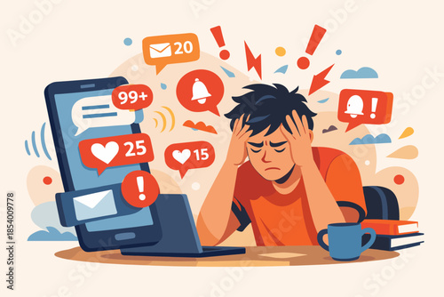 Overwhelmed person with social media notifications surrounding