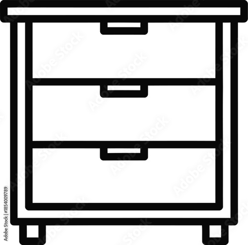 A minimalist black line icon of a three-drawer nightstand or small storage cabinet