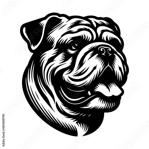 Stylized bulldog head with tongue out in black and white
