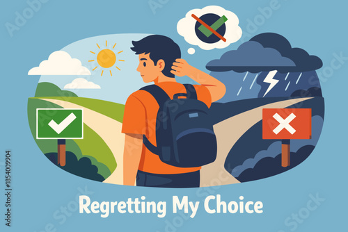 Decision dilemma: regretful choice depicted in colorful flat design