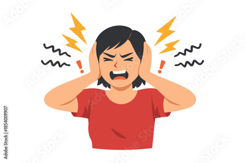 Stressed woman covering ears with chaotic symbols and lightning bolts