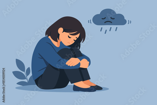 Flat design: woman feeling sad with cartoony rain cloud on blue background