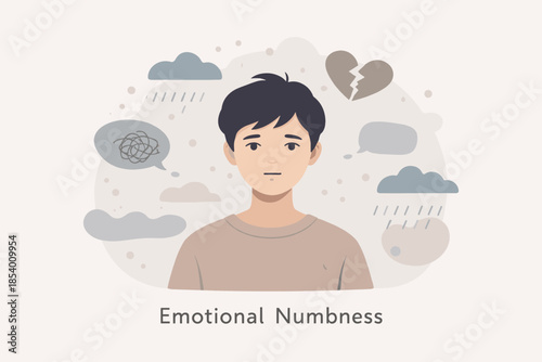 Emotional numbness concept with pensive young person surrounded by symbolic icons