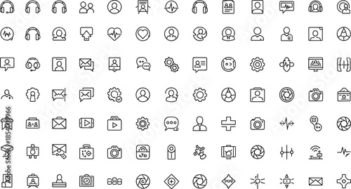 Multipurpose user interface line icon set featuring communication, profiles, media, navigation, settings, notifications and digital system control symbols