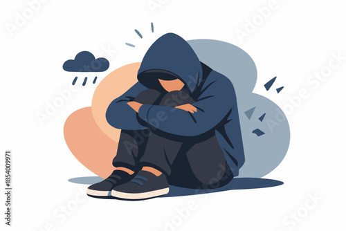 Sad person in hoodie sitting alone illustration with cloudy background