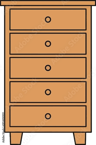 An illustration of a tall light brown wooden chest of drawers featuring five drawers