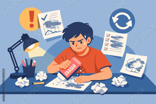 Frustrated artist erasing mistakes with eraser at desk in creative workspace