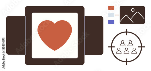 Heart at the center of a frame, audience in focus through targeting icon, storytelling with image layouts. Ideal for branding, marketing, audience engagement, communication, emotional connection