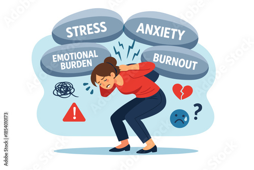 Overwhelmed woman caught in anxiety and stress illustration