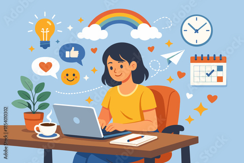 Young woman working at laptop in creative workspace with coffee and plant