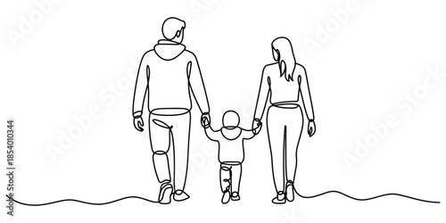 A continuous line drawing of a loving family walking together hand in hand