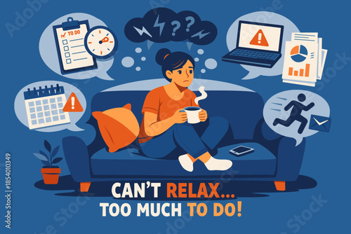 Overwhelmed woman on couch surrounded by tasks and technology in flat style