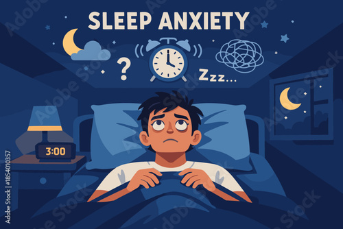 Nighttime restlessness and sleep anxiety concept with worried sleeper and sleep-related symbols in flat design