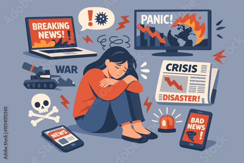Overwhelmed woman amidst global crisis headlines in flat style
