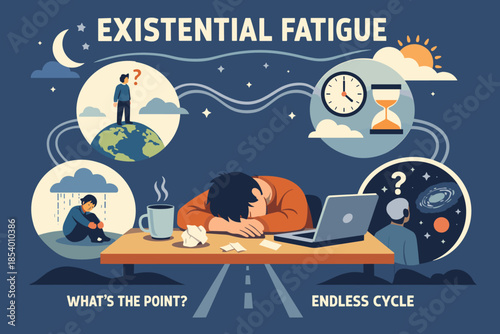 Existential fatigue concept with overwhelmed worker and futuristic elements