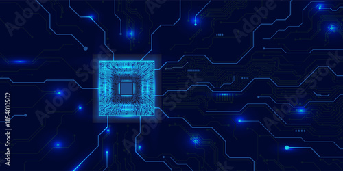 CPU Chip on Motherboard. Central Computer Processors CPU concept. Quantum computer large data processing database concept. Futuristic microchip processor. AI chip background with circuit light.
