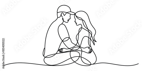 Continuous line art drawing depicting an intimate young couple sharing a tender moment