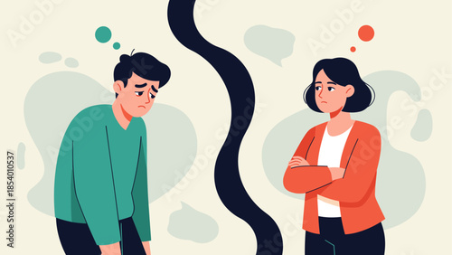 Conflict resolution concept: cartoon couple in dispute with speech bubbles