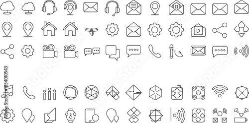 Communication and user interface line icon set featuring messaging, navigation, multimedia controls, location markers, settings and digital interaction symbols