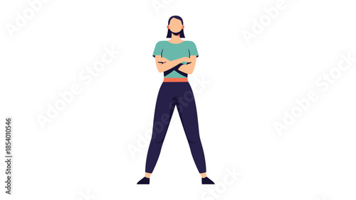 Confident woman standing with arms crossed on white background