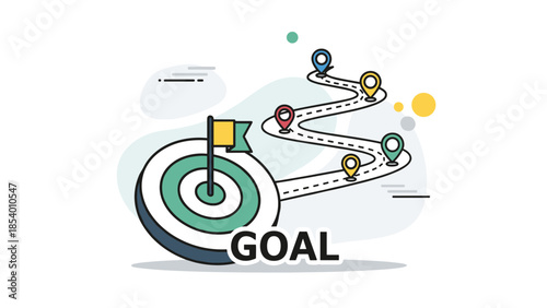 Flat style goal pathway with target and pins for success and achievement