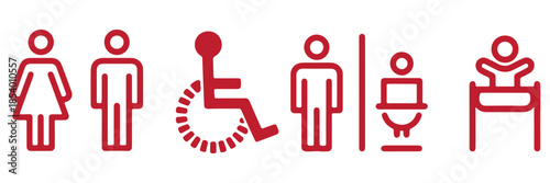 Male and female toilet signs and gender symbols in solid black for restroom identification and public signage
