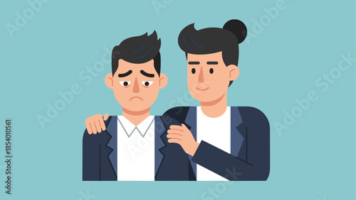 Flat style comforting gesture between friends on blue background