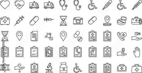 Medical and healthcare line icon set featuring emergency services, hospital equipment, treatment symbols, patient care, diagnostics and clinical workflow elements