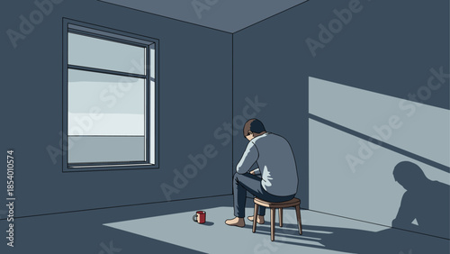 Reflective solitude: a man sitting alone in a quiet sunlit room